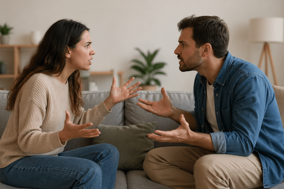 Two adults sit on a sofa facing each other, arguing with hands raised in a living room.