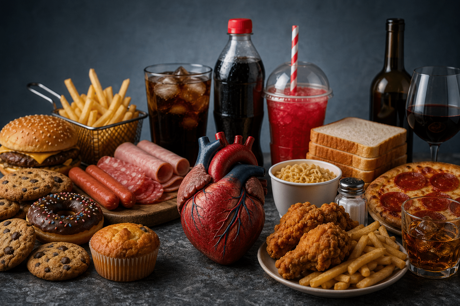 Assortment of fast foods (burger, fries, pizza, donuts, cookies) surrounding a red anatomical heart model on a dark surface, highlighting unhealthy eating.