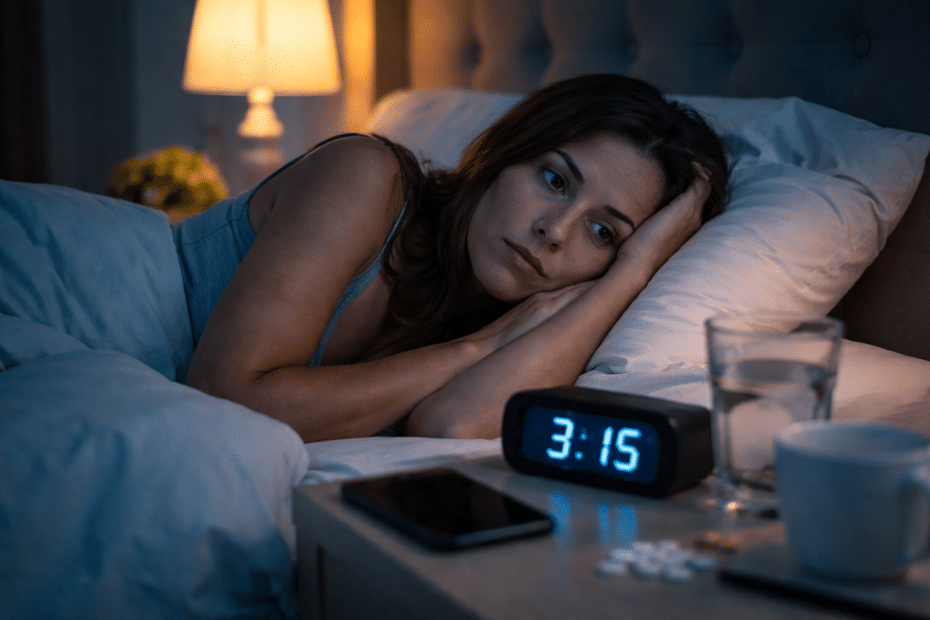 Woman awake in bed at night, propped on her arm and staring pensively as a blue digital clock shows 3:15.