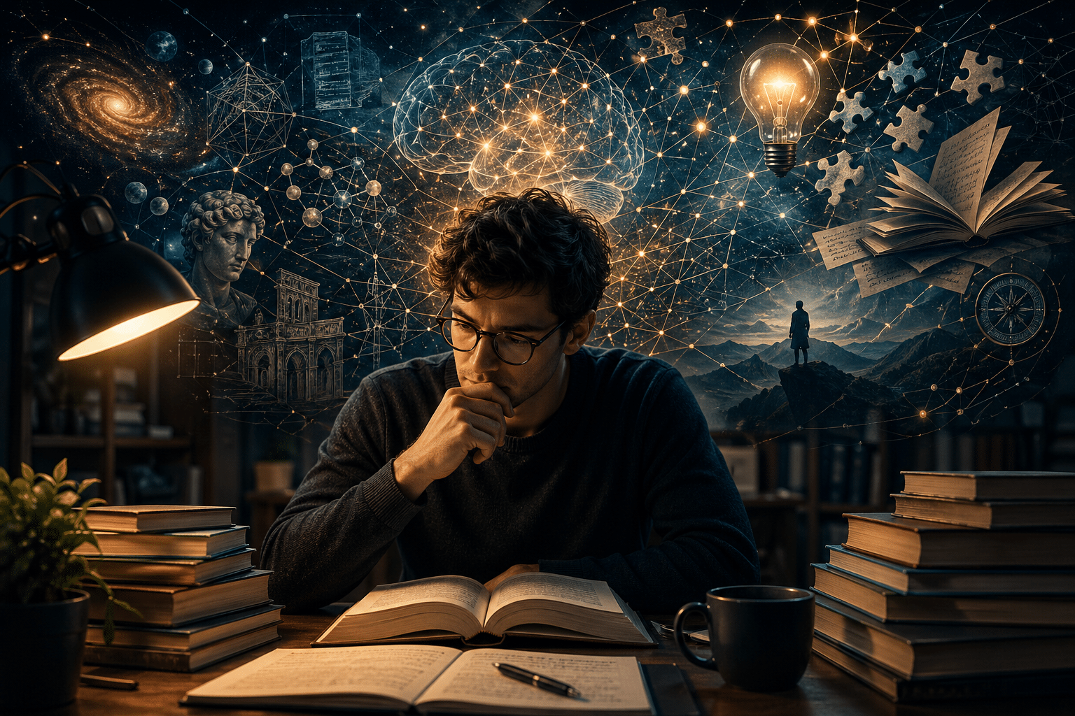 Man with glasses sits at a desk lost in thought over an open book, with a glowing network of ideas and science imagery above him.