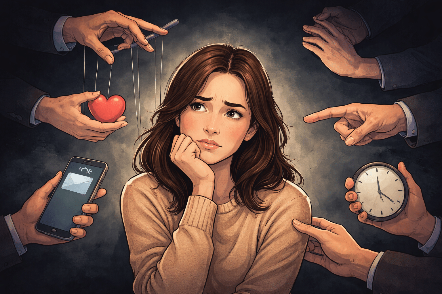 Woman anxious as others pull strings above her, controlling her like a puppet, with a heart, phone, and clock visible around her.