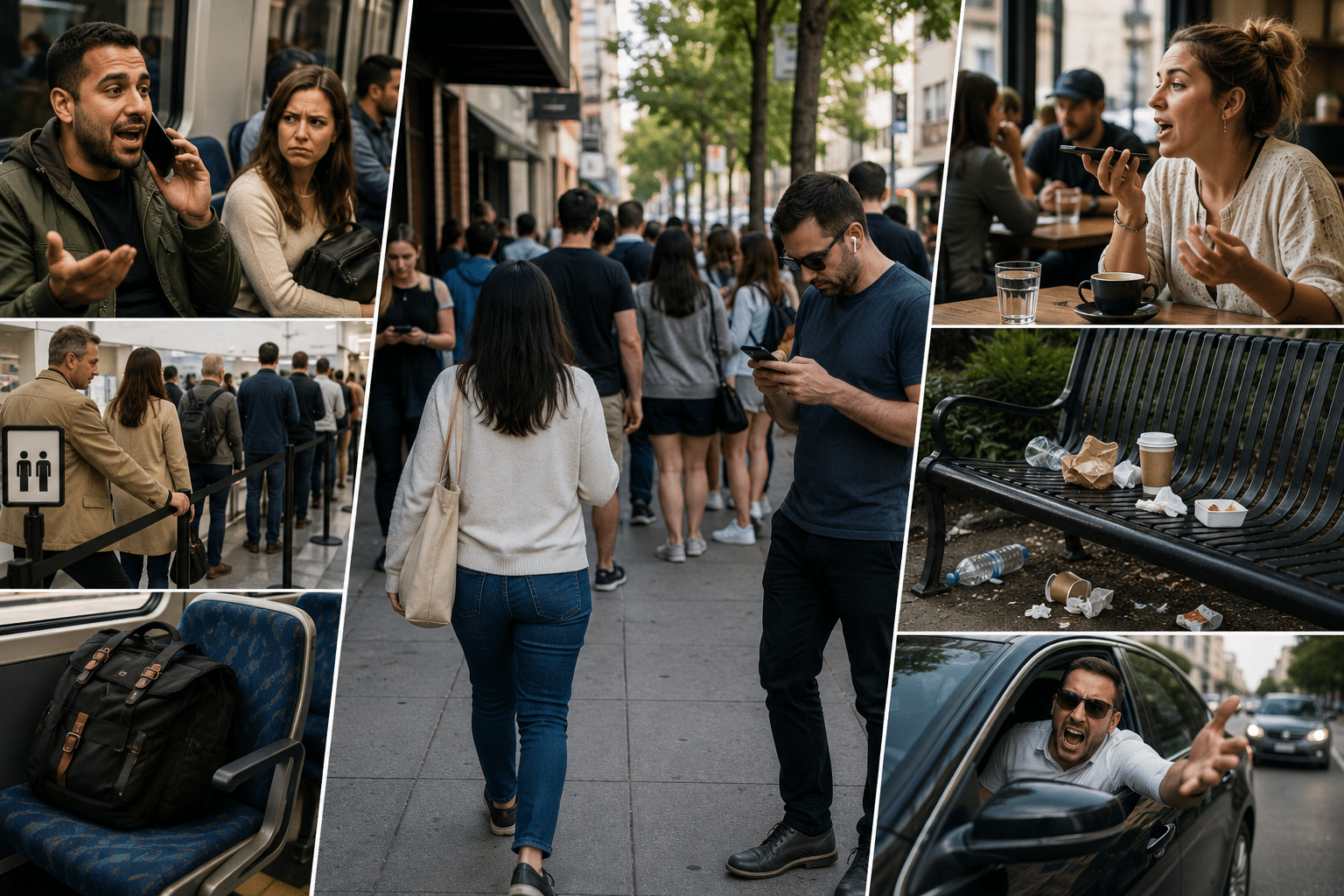 A crowded city street with people waiting in line, seen from the center of the sidewalk, nature and buildings in the background.