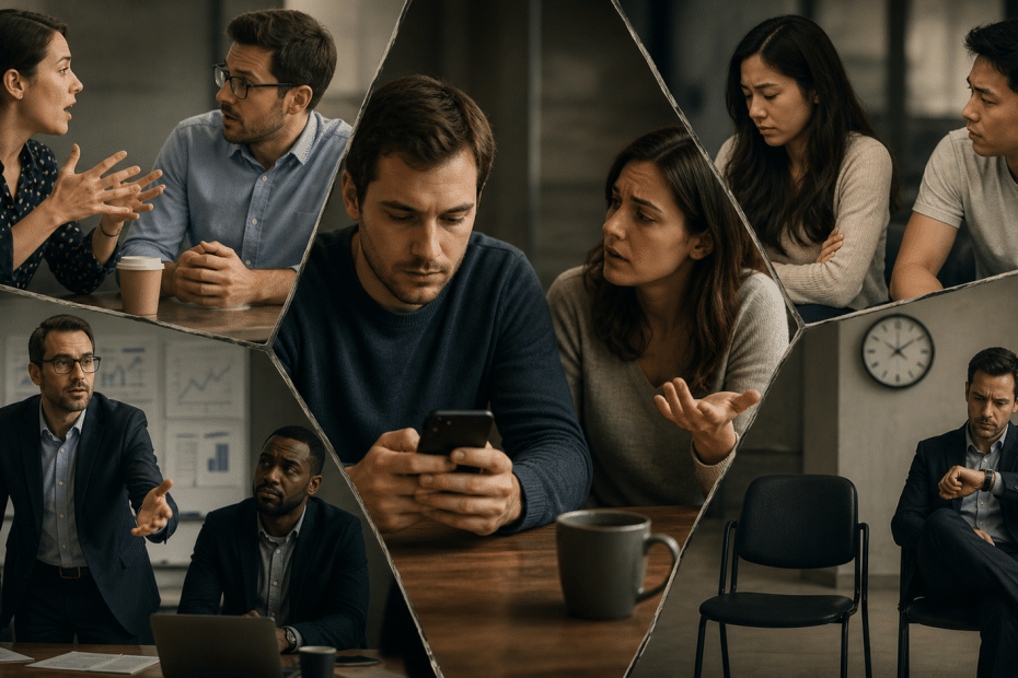 Diverse coworkers in a tense office scene; one man looks at his phone while others argue nearby.