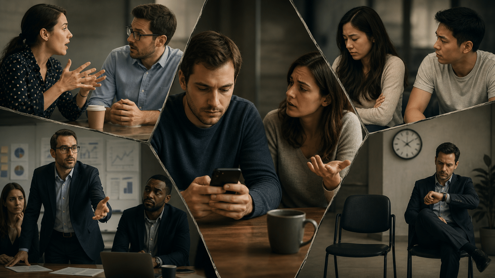 Diverse coworkers in a tense office scene; one man looks at his phone while others argue nearby.