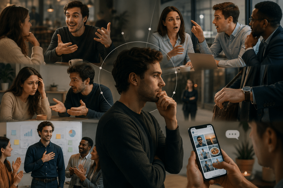 Group of professionals in a modern office collaborating; a man in the center is thoughtful while teammates discuss around him with coffee cups nearby.