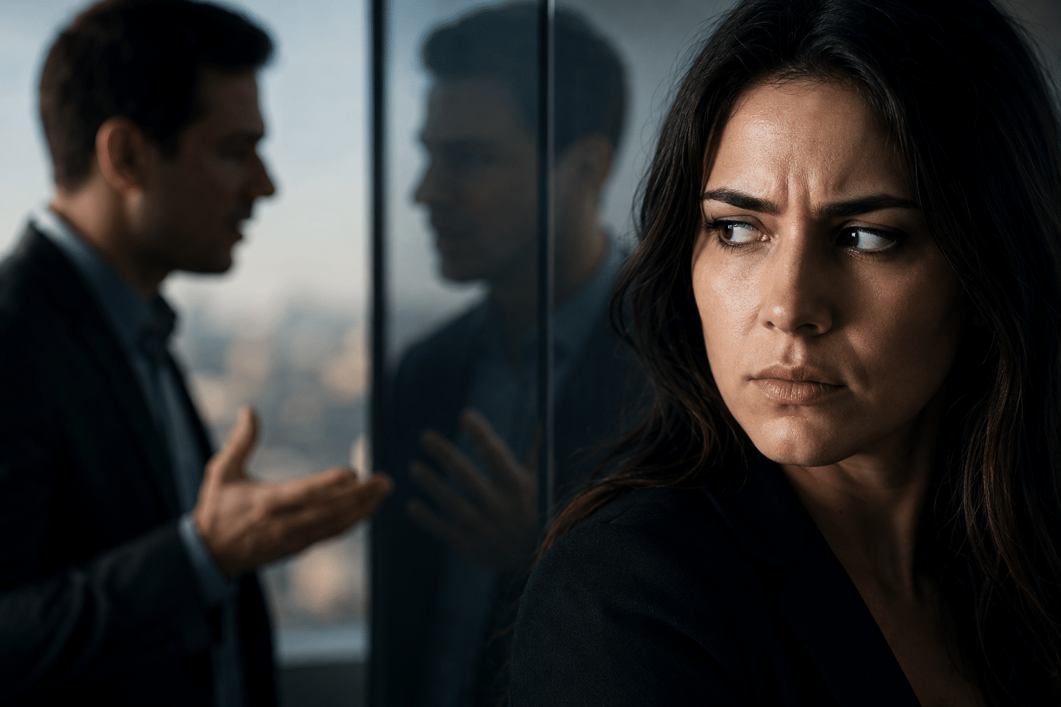 Focused portrait of a worried woman in the foreground while a man speaks blurily in the background through glass panels, suggesting tension.