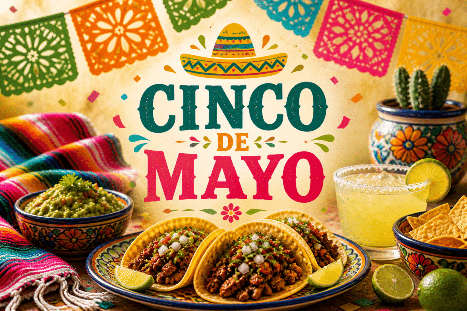 Cinco de Mayo feast: tacos, chips, guacamole, lime, and a margarita on a colorful table.