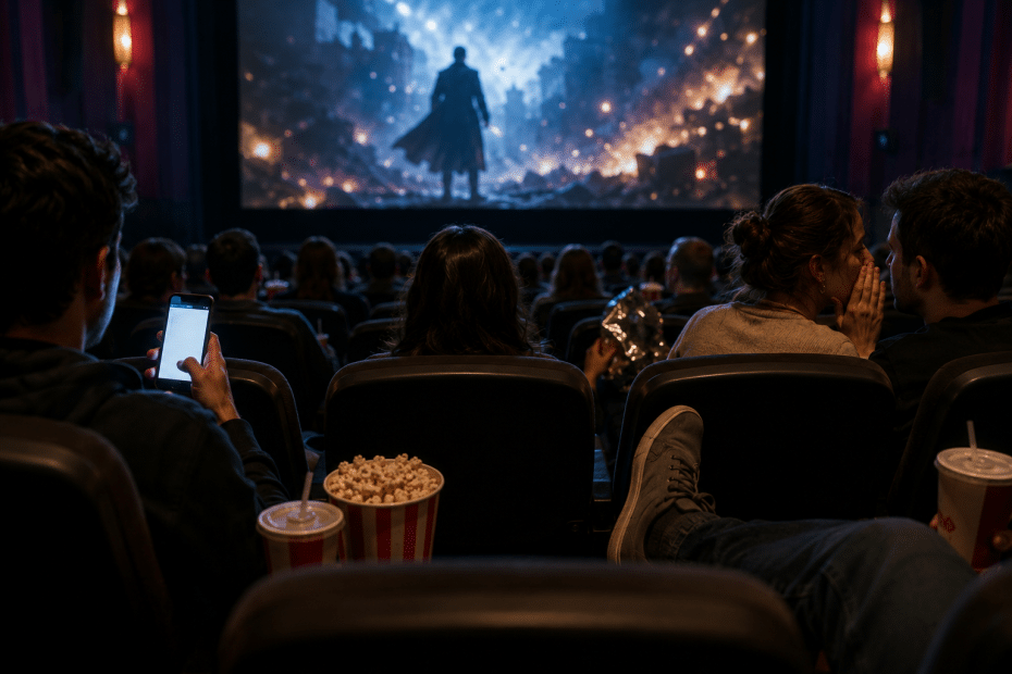 People seated in a dark movie theater watching a large screen showing a silhouetted figure amid sparks and debris.