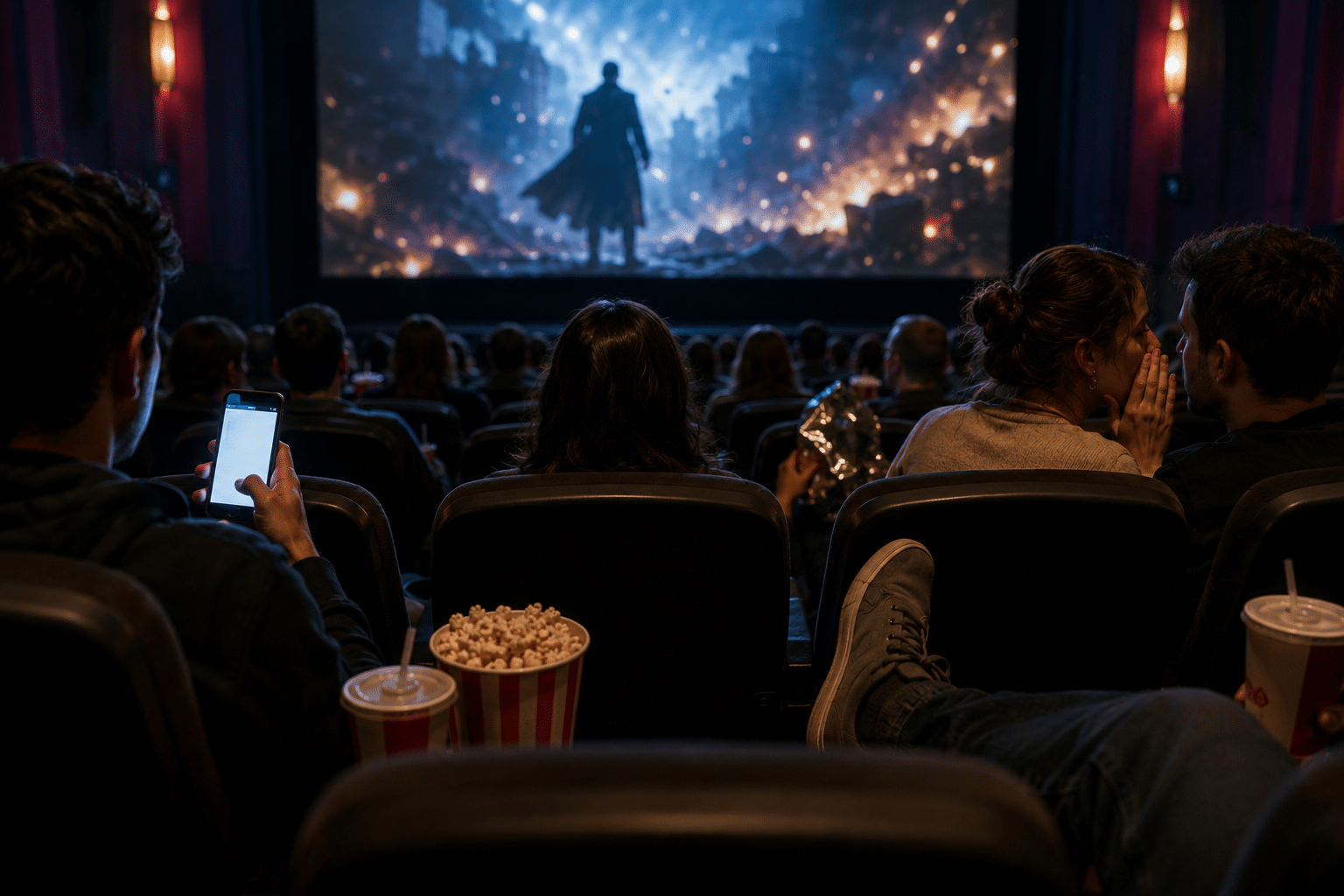 People seated in a dark movie theater watching a large screen showing a silhouetted figure amid sparks and debris.