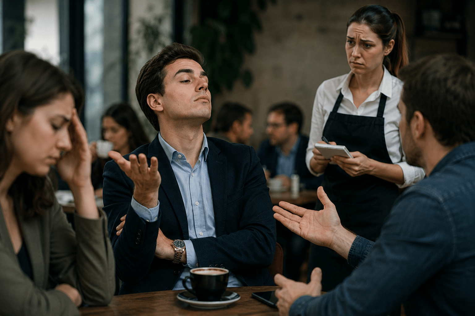 Man in a blue blazer gestures upward during a tense discussion at a café; server stands nearby with a notepad.