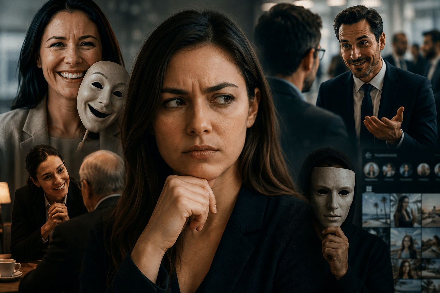 A thoughtful woman in a dark blazer rests her chin while colleagues around her wear or hold eerie masks, symbolizing hidden motives in an office setting.