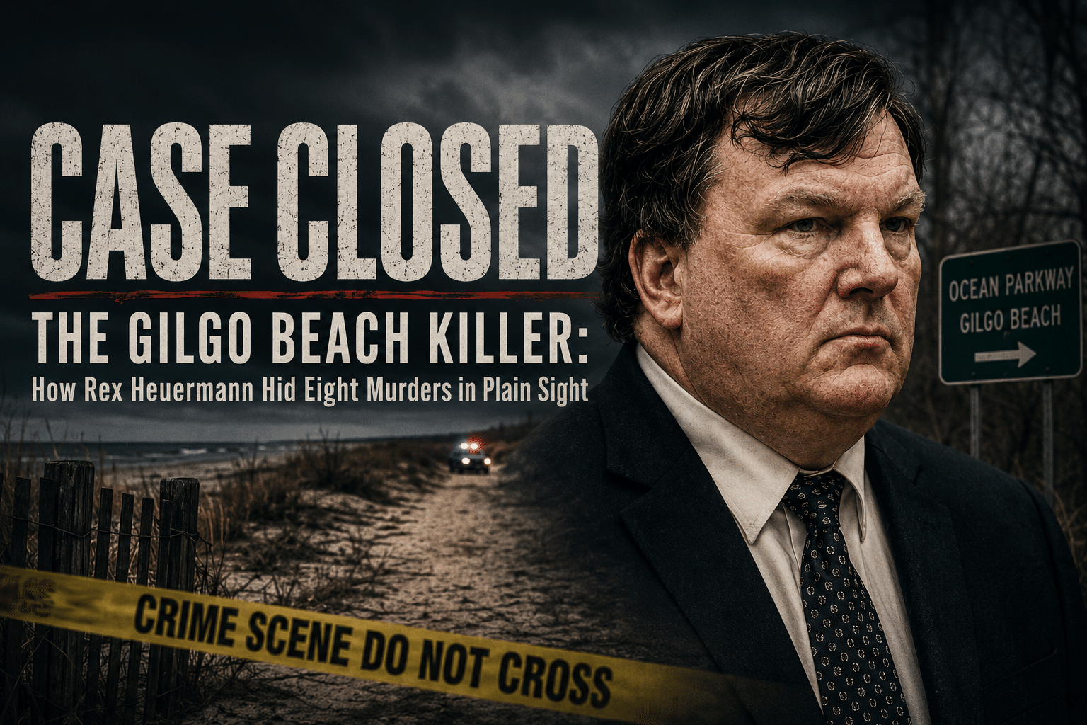 Promotional poster with a stern man in a suit on the right, crime-scene tape in the foreground, and bold text reading 'Case Closed: The Gilgo Beach Killer'.