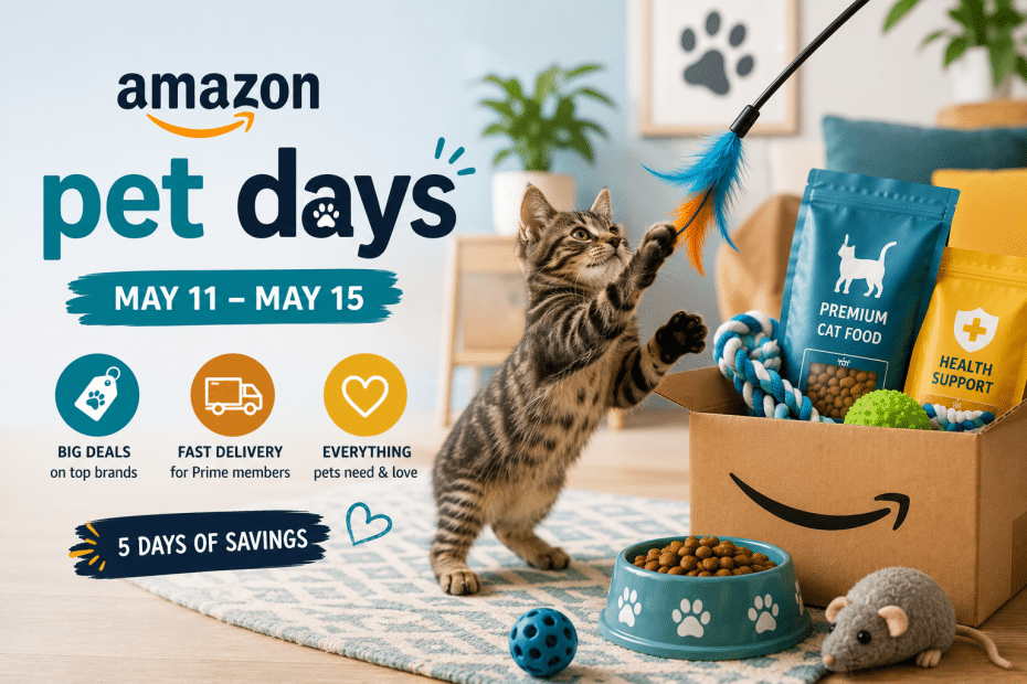 Amazon Pet Days promo banner with a kitten reaching for a feather toy, cat food bags, and a cardboard Amazon box on promotion dates May 11–15.