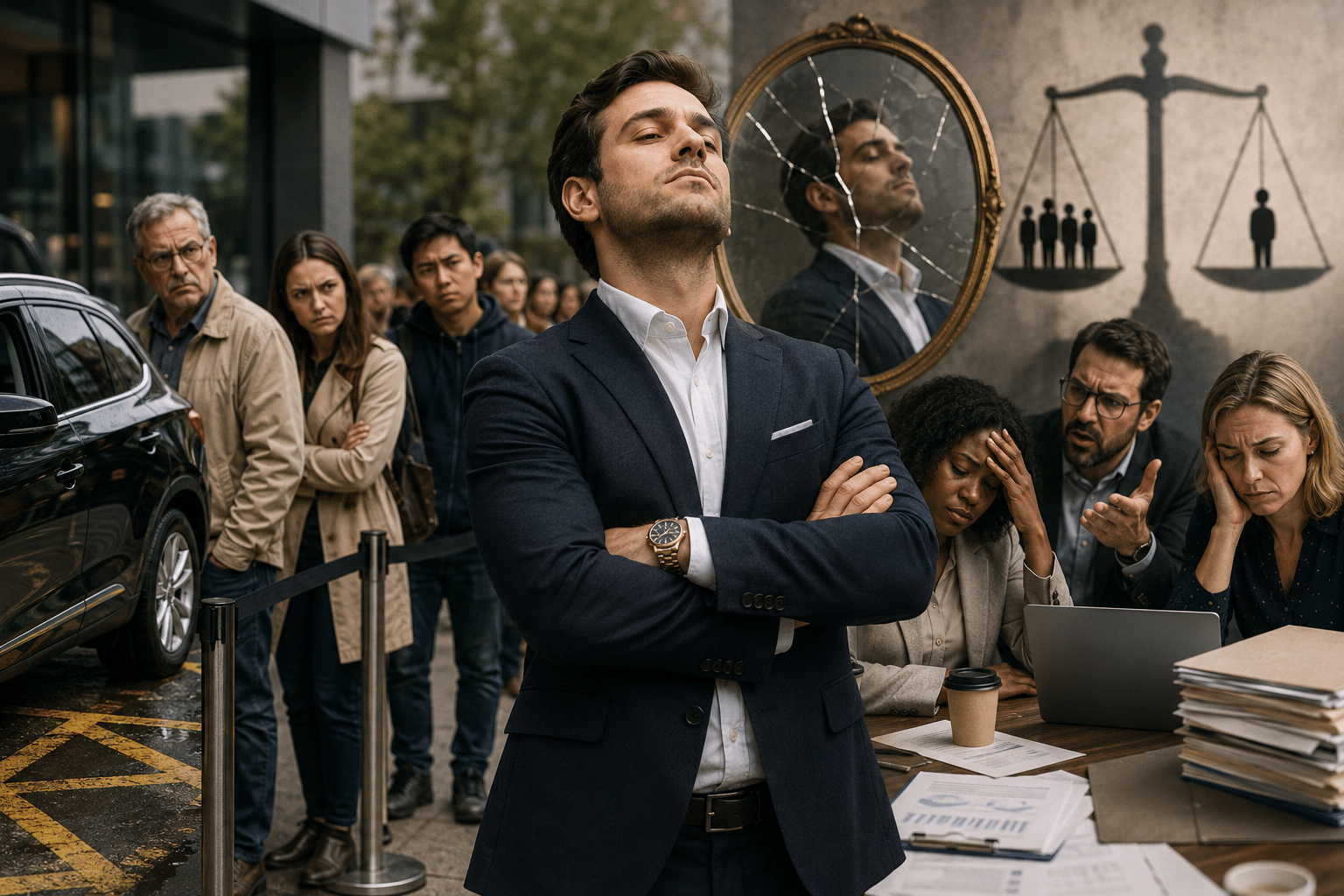 A confidant-looking man in a navy suit stands with arms crossed in front of a line of anxious coworkers outside an office building, with a cracked round mirror behind him.