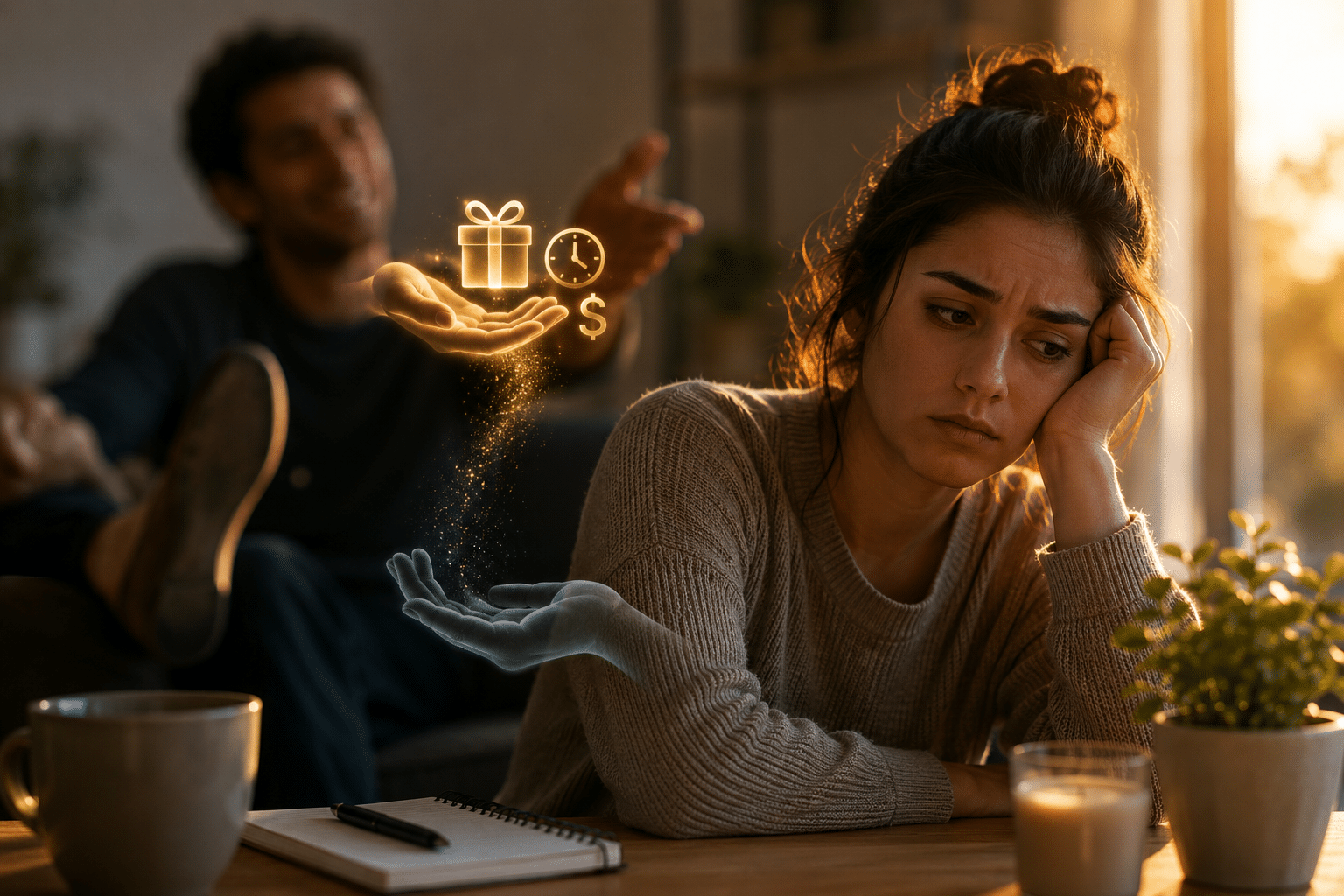Sad woman at a table, while a man in the background conjures glowing icons of gift, clock, and dollar.