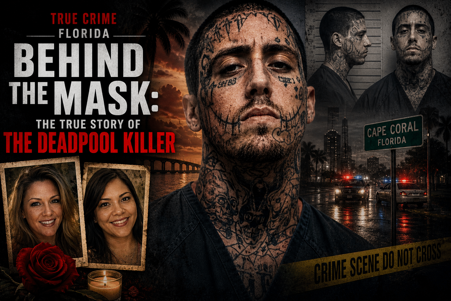 Poster for Behind the Mask: The True Story of The Deadpool Killer, featuring a tattooed man, mugshots, and crime-scene tape.