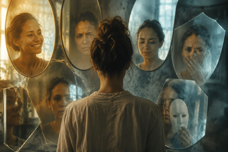 Person seen from behind stands before a wall of irregular mirrored panels showing multiple facial reflections with varied emotions, including a smile and a masked figure.