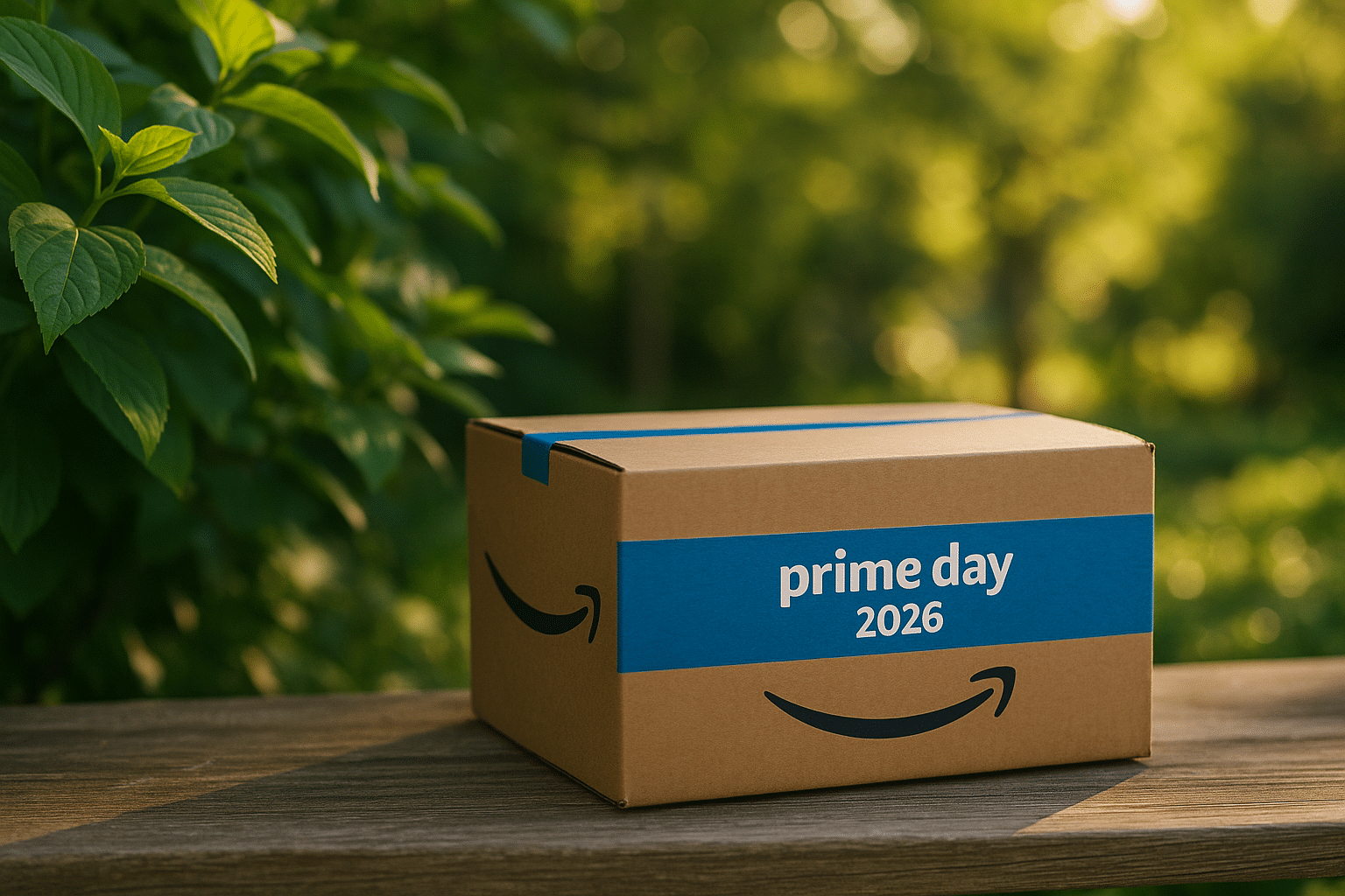 Brown Amazon box with a blue Prime Day 2026 band sits on a wooden table outdoors among green foliage.