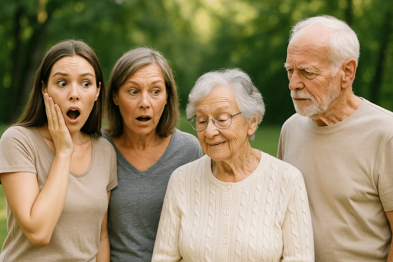 Four people in a park looking surprised at something off-camera in green surroundings, wearing casual beige and gray clothing.