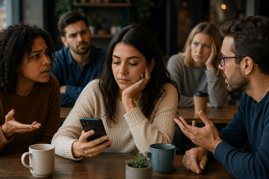 Central woman in a beige sweater gazes at her phone while seated at a wooden table, surrounded by coworkers in a cafe who are talking.