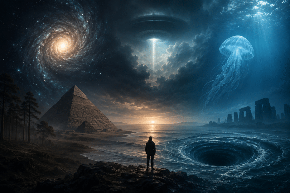 A lone figure stands on a rocky shore watching a sunset, with a pyramid to the left and a spiral galaxy filling the starry sky above.