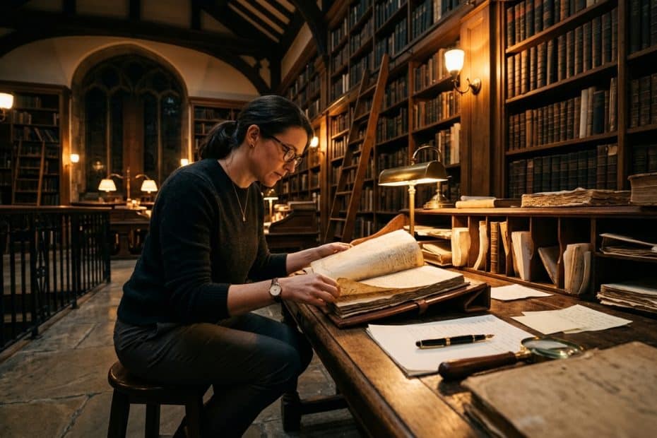 Woman with glasses reading an open, old manuscript at a wooden desk in a dimly lit library.