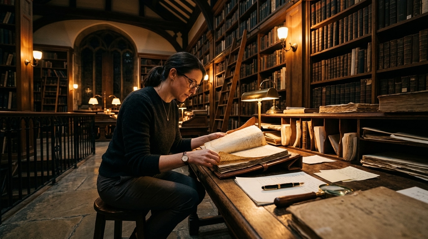 Woman with glasses reading an open, old manuscript at a wooden desk in a dimly lit library.