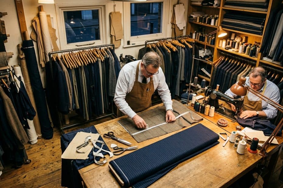 Two tailors in aprons cutting and pinning fabric on a wooden worktable in a tailor shop.
