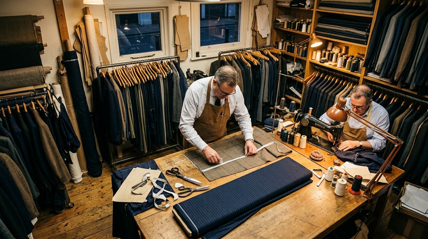 Two tailors in aprons cutting and pinning fabric on a wooden worktable in a tailor shop.