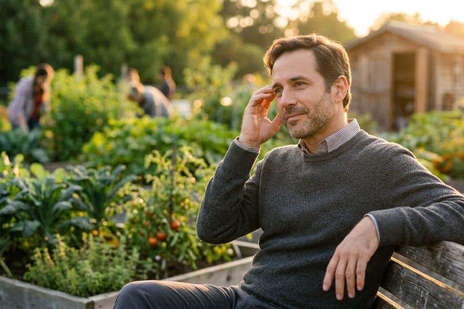 Man sits on a wooden bench in a lush garden at sunset, talking on his phone.