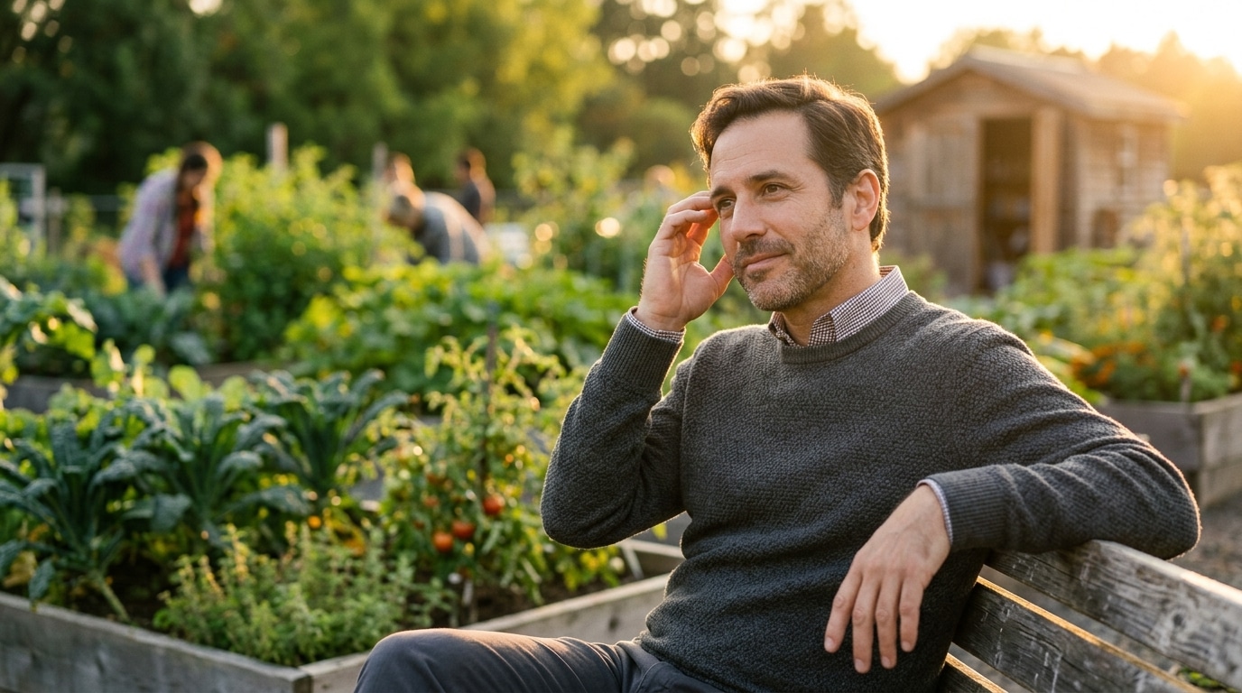 Man sits on a wooden bench in a lush garden at sunset, talking on his phone.
