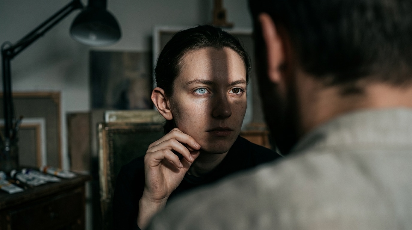 Close-up of a woman in a dim art studio, gazing at a man off-camera with her hand near her chin as a shadow crosses her face.